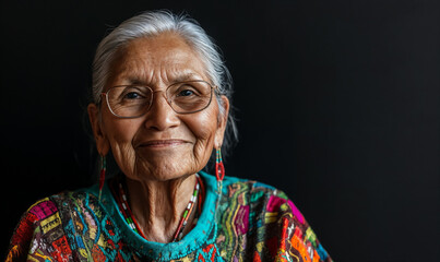 Portrait of a senior elder Native American Indian woman on a black background