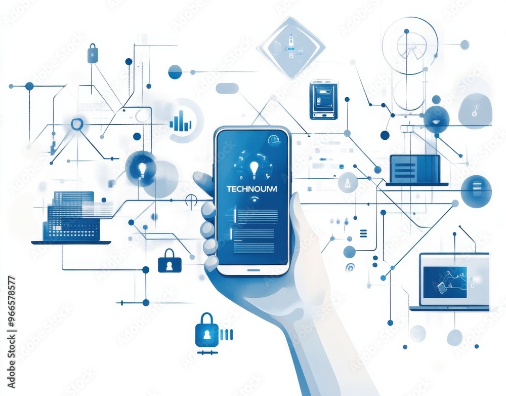 Poster hand holding smartphone displaying digital tech interface with network of icons for security and dat