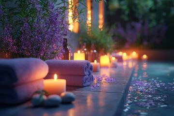 A luxurious spa setting with candles, smooth stones, and aromatic essential oils, reflecting a serene and rejuvenating atmosphere. Concept of relaxation and spa aesthetics.