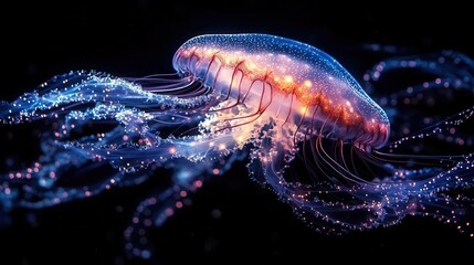 Fototapeta premium bioluminescent deep sea ballet ethereal jellyfish with trailing tentacles dance through inky black waters pulsating with otherworldly blue and purple light