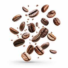Roasted coffee beans falling on white background