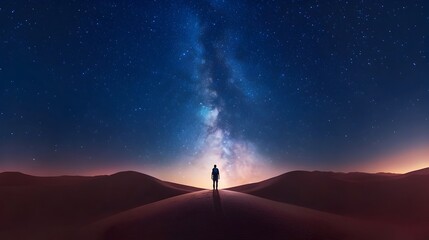 Fototapeta premium Lone Traveler Silhouetted Against Breathtaking Starry Desert Landscape