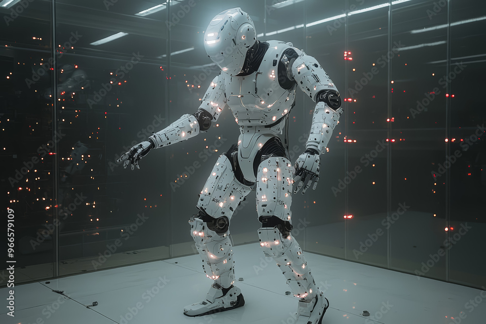 Poster a high-tech robot performing a complex dance routine, capturing the blend of technology and performa