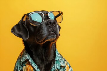 A black dog is wearing glasses and a Hawaiian shirt