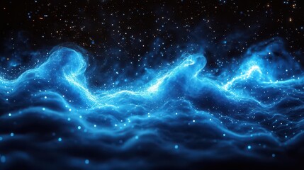 bioluminescent ocean spray glowing turquoise droplets frozen in midair against night sky bioluminescent plankton creating ethereal patterns starry background