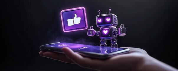 Futuristic robot interaction with smartphone showing social media engagement in digital landscape with glowing like icon