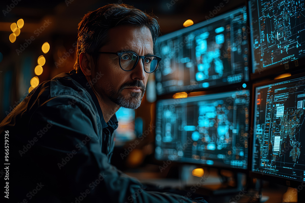 Poster a cybersecurity expert analyzing network security data on multiple screens, showcasing the importanc