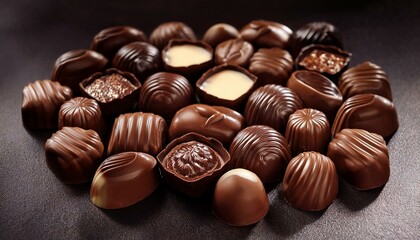 Fototapeta premium closeup of many chocolate candies pralines on dark background