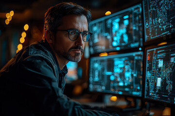 A cybersecurity expert analyzing network security data on multiple screens, showcasing the importance of technology in protecting digital information.