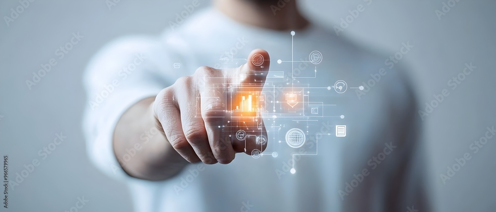 Poster Modern Businessman Pointing at Invisible Analytics Dashboard on White Background