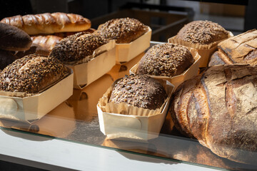 French artisan bakery in Bordeaux, rye and wheat bread and baguettes, France, french food