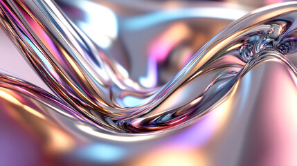 Curved abstract metallic futuristic 3d fluid holographic ilustration chrome background 