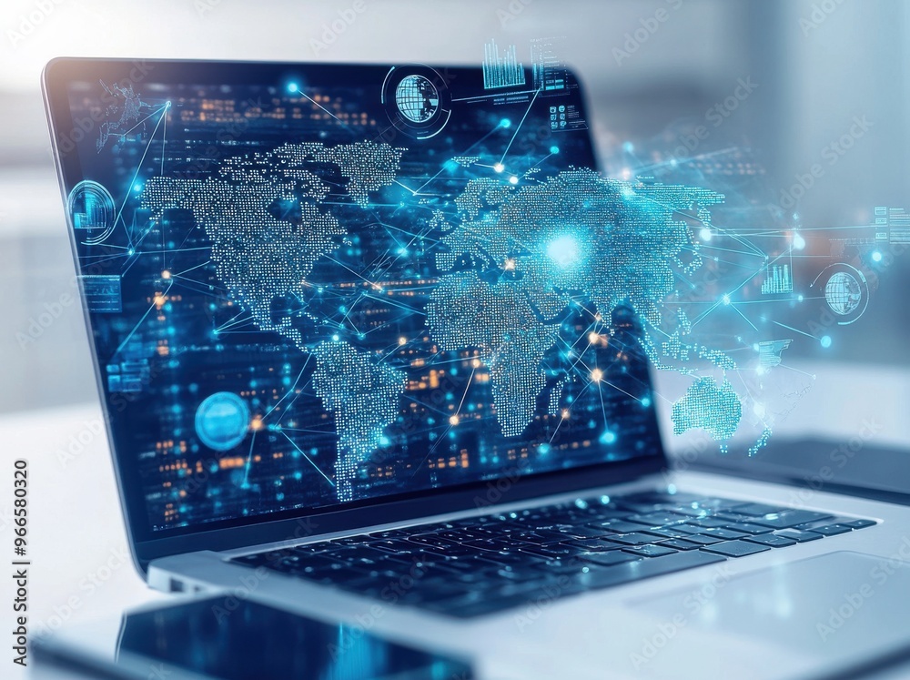 Poster global network technology with laptop and mobile phone showing digital world map and data connection