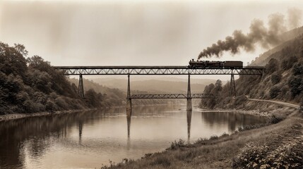 Fototapeta premium generative ai, Vintage Steam Train Crossing a Bridge Over a Calm River in a Scenic Landscape