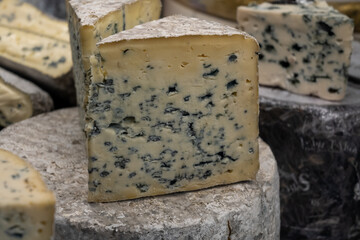 Piece of French blue cheese Roquefort, made from sheep milk in caves of Roquefort-sur-Soulzon