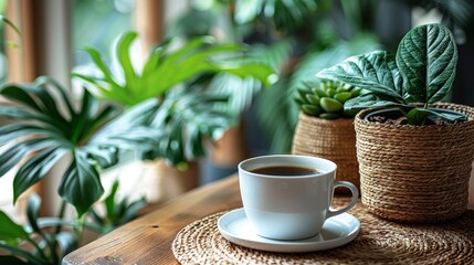 Morning coffee on wooden table with succulent and houseplant decor. Urban jungle aesthetic.