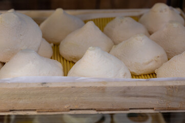 Cheese collection, French Meringue de Chevre pyramid cheese made from goat milk in region Tarn in France close up
