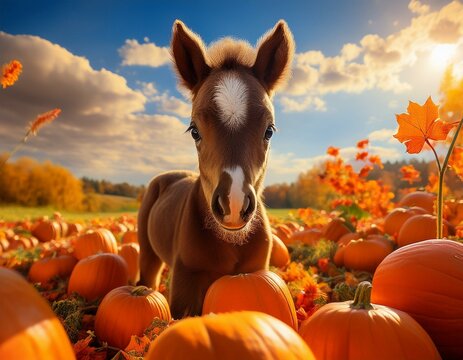 Young foal in a pumpkin patch; blue skies, white clouds and yellow fall leaves background 