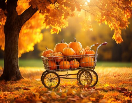 Open cart full of pumpkins decorated for fall with yellow leaves in park; maple lea.jpg