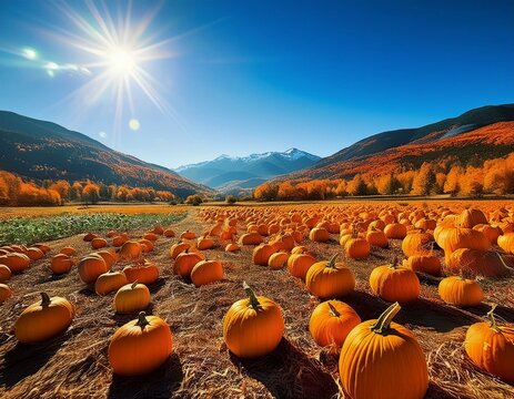 Pumpkin patch scenic view over fields and mountains in autumn season with great blue sky.