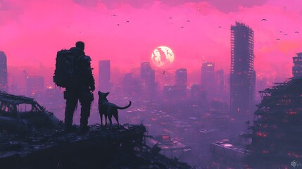Fototapeta premium Post apocalyptic Man and Dog Standing on Ruined City Landscape in Digital Art