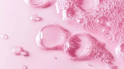 Clear pink cosmetic gel serum oil texture isolated on white background. Hyaluronic acid skincare product with bubbles macro.
