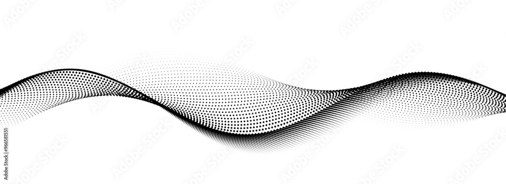 Aufkleber Dotted wave line pattern. Black halftone undulate net background. Abstract stipple particle flow wallpaper. Curved dashed gradient element for poser, banner, presentation, booklet, flyer. Vector