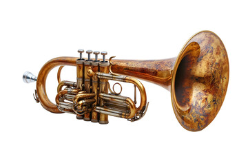 Obraz premium A gleaming brass trumpet displayed on a deep black background, emphasizing its curves and craftsmanship.