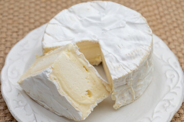 French soft Camembert cheese, original Camembert de Normandie, close up with white mold