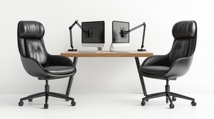 A pair of black executive chairs arranged face-to-face with a minimalist desk between them, two microphones on stands ready for a podcast or interview. Isolated on a clean white background