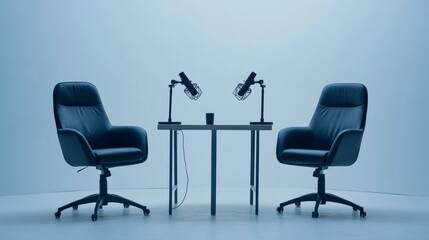 Obraz premium A pair of black executive chairs arranged face-to-face with a minimalist desk between them, two microphones on stands ready for a podcast or interview. Isolated on a clean white background
