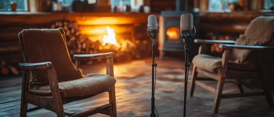 A rustic podcast studio with wooden chairs, vintage radio-style microphones, and log cabin decor, warm fireplace in the background