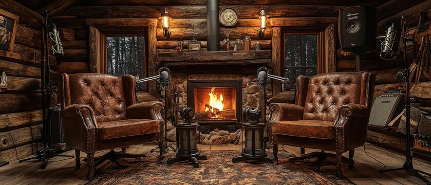 A rustic podcast studio with wooden chairs, vintage radio-style microphones, and log cabin decor, warm fireplace in the background