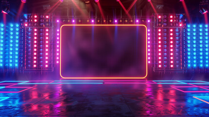 neon colorful stage illuminated vibrant backdrop modern purple pink blue lights performance screen entertainment event concept

