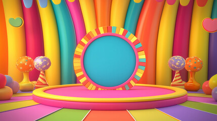 Fun vibrant colorful stage backdrop playful design balloons candy circus aesthetic child-friendly party decor rainbow theme abstract geometric mockup entertainment event whimsical display podium 