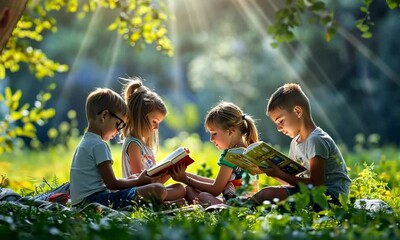 Kids reading books in the park for International Children's Day, October 9th, enjoying stories under the trees, hyperrealistic . Video