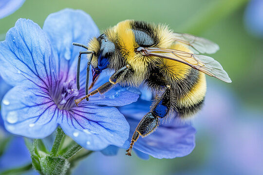 A yellow and black bee is on a blue flower. The flower is blue and has a drop of water on it - Powered by Adobe