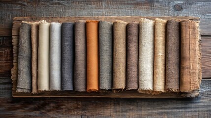 A harmonious collection of pine wood and weathered fabrics swatch samples, showcasing rustic textures and natural hues in a cozy, warm light
