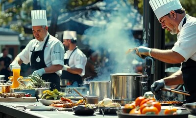 Outdoor cooking competition with celebrity chefs, judges and culinary creations, hyperrealistic . Video
