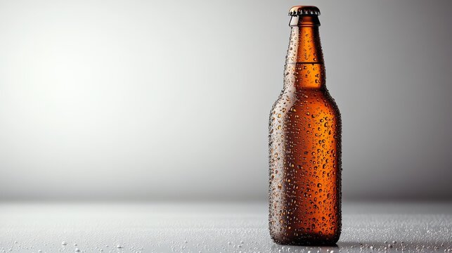 Close-up of a brown beer bottle covered with condensation, set against a gray background, highlighting detail and texture.