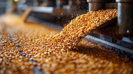 Close-up of a corn processing machine with kernels flowing into the conveyor belt, showcasing agriculture and industrial equipment.