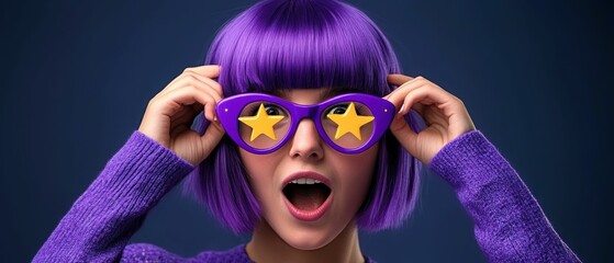 Obraz premium Playful Woman with Purple Hair and Star Glasses