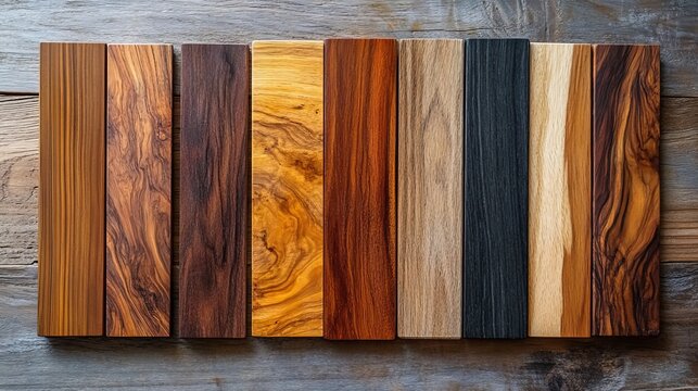 A set of diverse wood swatch samples, with mahogany at the center, showcasing coarse and rustic textures, ideal for high-end furniture design