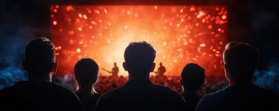 A group of friends watching a live concert being streamed, with the band performing on a large screen, live concert stream, virtual event experience