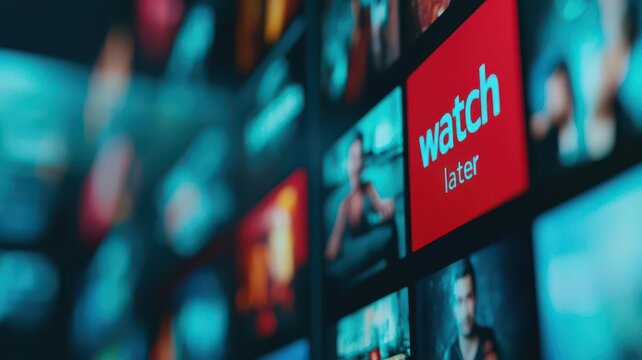 Close-up of a streaming service's "watch later" list, showing saved movies and series for future viewing, watch later streaming list, content curation