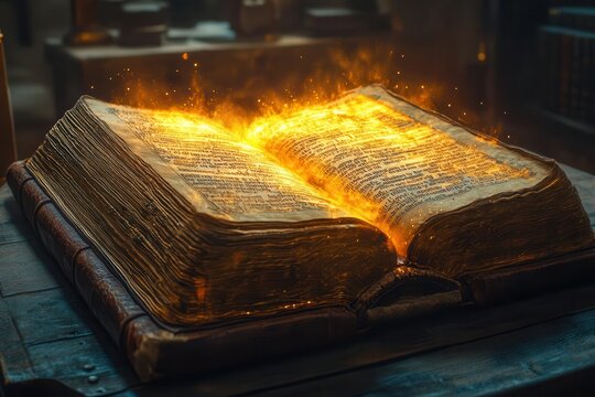 cinematic scene of an ancient leatherbound bible dramatically opening to reveal the book of romans golden light illuminates ornate calligraphy against parchment pages