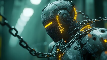An AI robot ensnared in intricate, glowing neon chains of binary code, representing legal restrictions and accountability, Cyberpunk, Dark ambiance, 3D render, High contrast