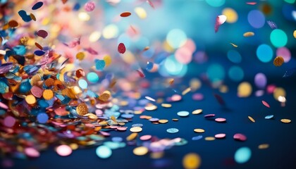 Naklejka premium colorful confetti falling on blurred blue background
