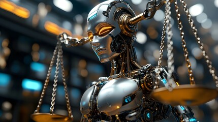 A robot with chains linked to a legal scale, struggling to maintain balance as the laws weigh it down