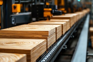 Close-up of Plywood Sheets Moving on a Conveyor Belt in a Factory